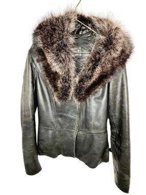 DANIER Real Italian Leather Jacket Black Luxe Fitted Detachable Fur Collar 2TP-S